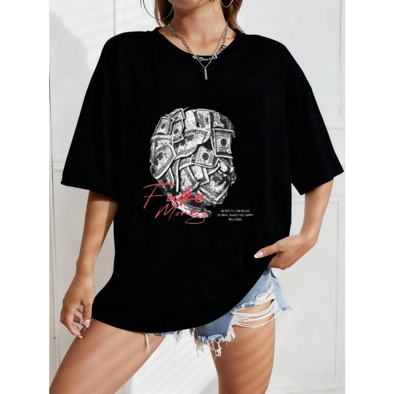 

White Oversized T Shirt With Money Ball And Fake Money Print For Casual Wear XXXXL чёрный