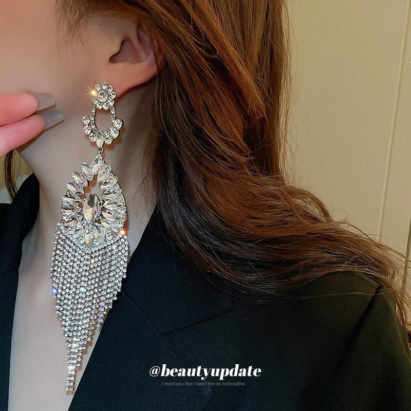 Silver Needle Diamond Flower Hollow Water Drop Earrings Personality Exaggeration Long Fringed Earrings Fashion Heavy Industry Earrings
