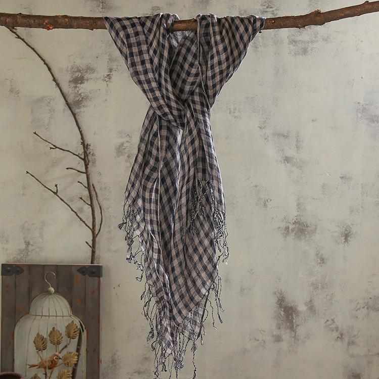 Pure Rain And Dew Linen Primary Color Navy Blue Small Checkered Scarf, Literary And Versatile Scarf