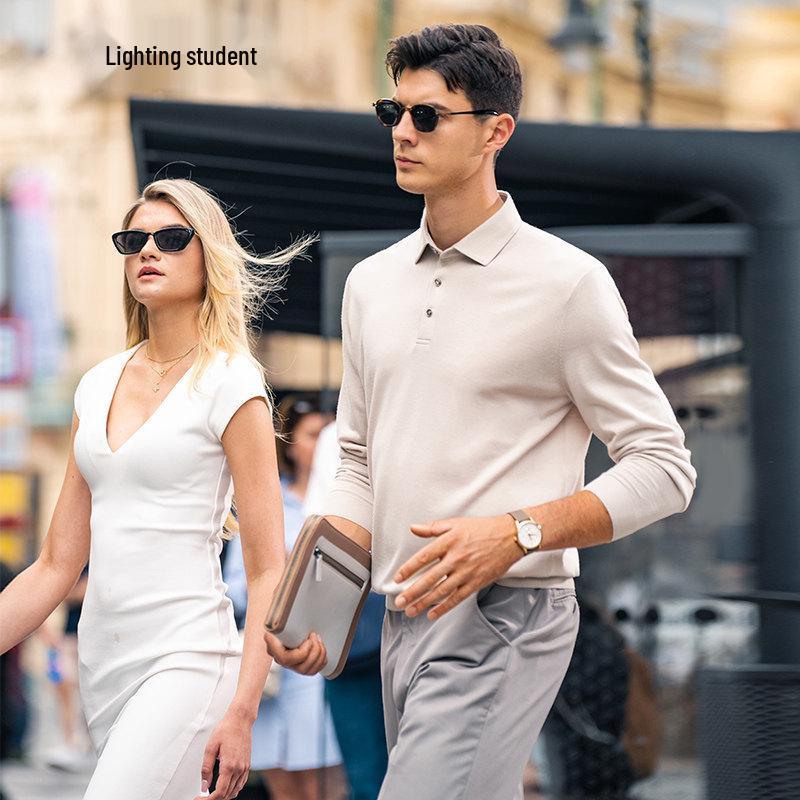 Wang Qiu Men's Polo Collar Wool Sweater - Plain, Warm, Machine Washable, Long Sleeve (X5878) for Autumn and Winter