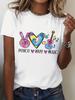 Women's Round Neck Short Sleeve T-Shirt Peace Love Music Print with Guitars and Rainbow Hearts Casual Tops Graphic Clothes Femme
