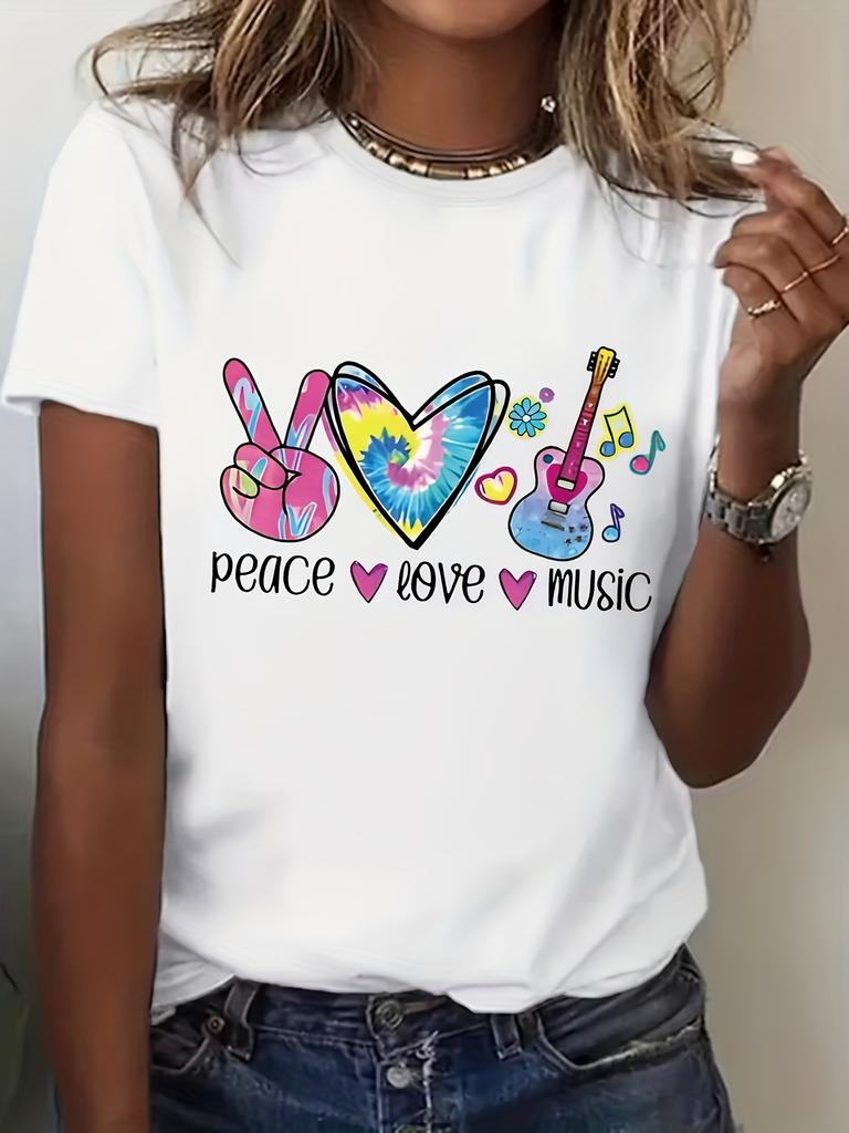 Women's Round Neck Short Sleeve T-Shirt Peace Love Music Print with Guitars and Rainbow Hearts Casual Tops Graphic Clothes Femme