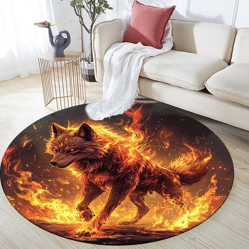Flaming Wolf Round Area Rug,Carpet Rug for Living Room Bedroom Sofa Playroom Decor,Non-slip Floor Mat