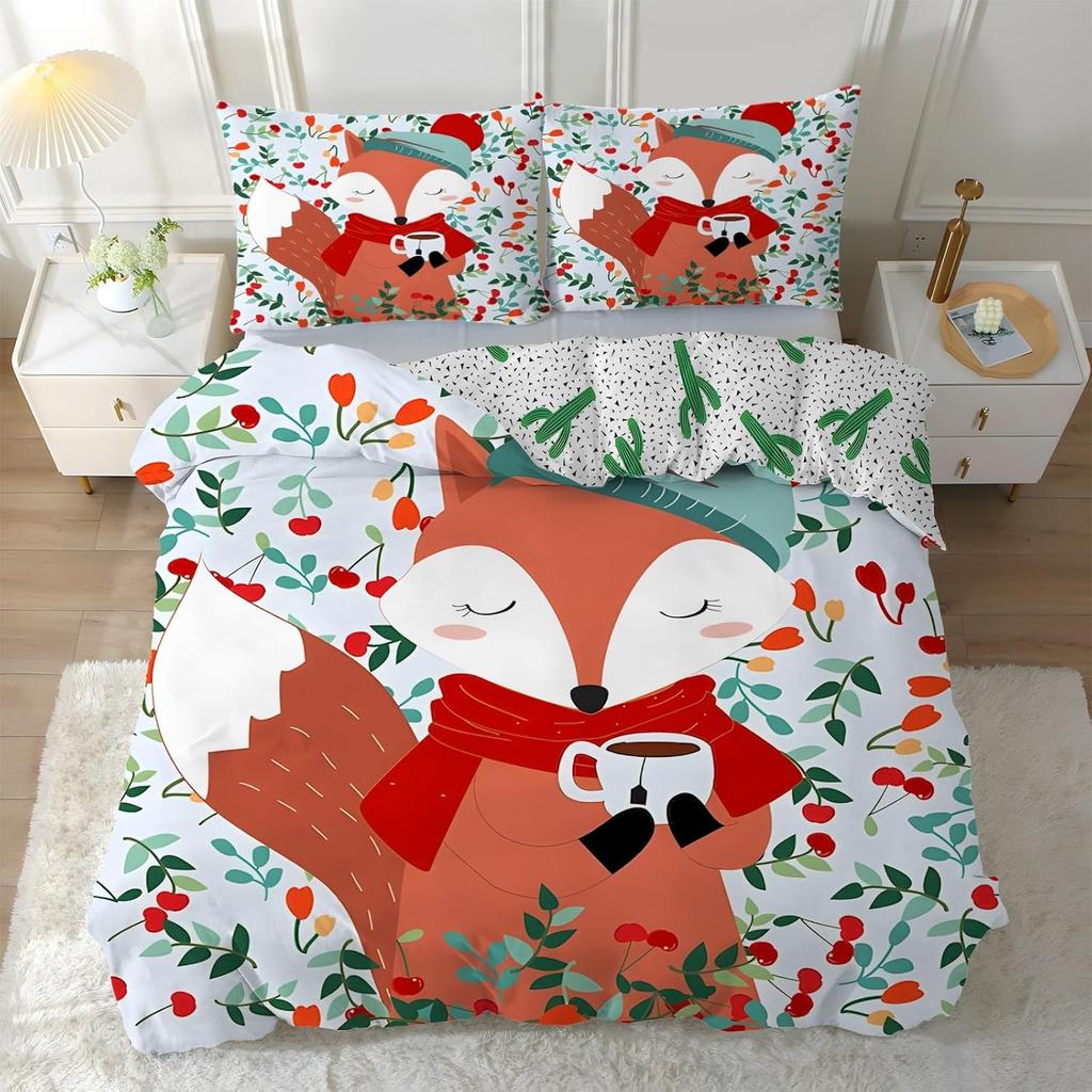 Sevimli Çizgi Film Tilki Yatak Takımı,3D Baskılı Yumuşak ve Rahat Çift Taraflı Tek Kişilik Nevresim Takımı Yastık Kılıfı ile Yatak Odası Dekorasyonu Hediye