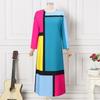 Women Big Size Round Neck Long Sleeve Color Block Dresses