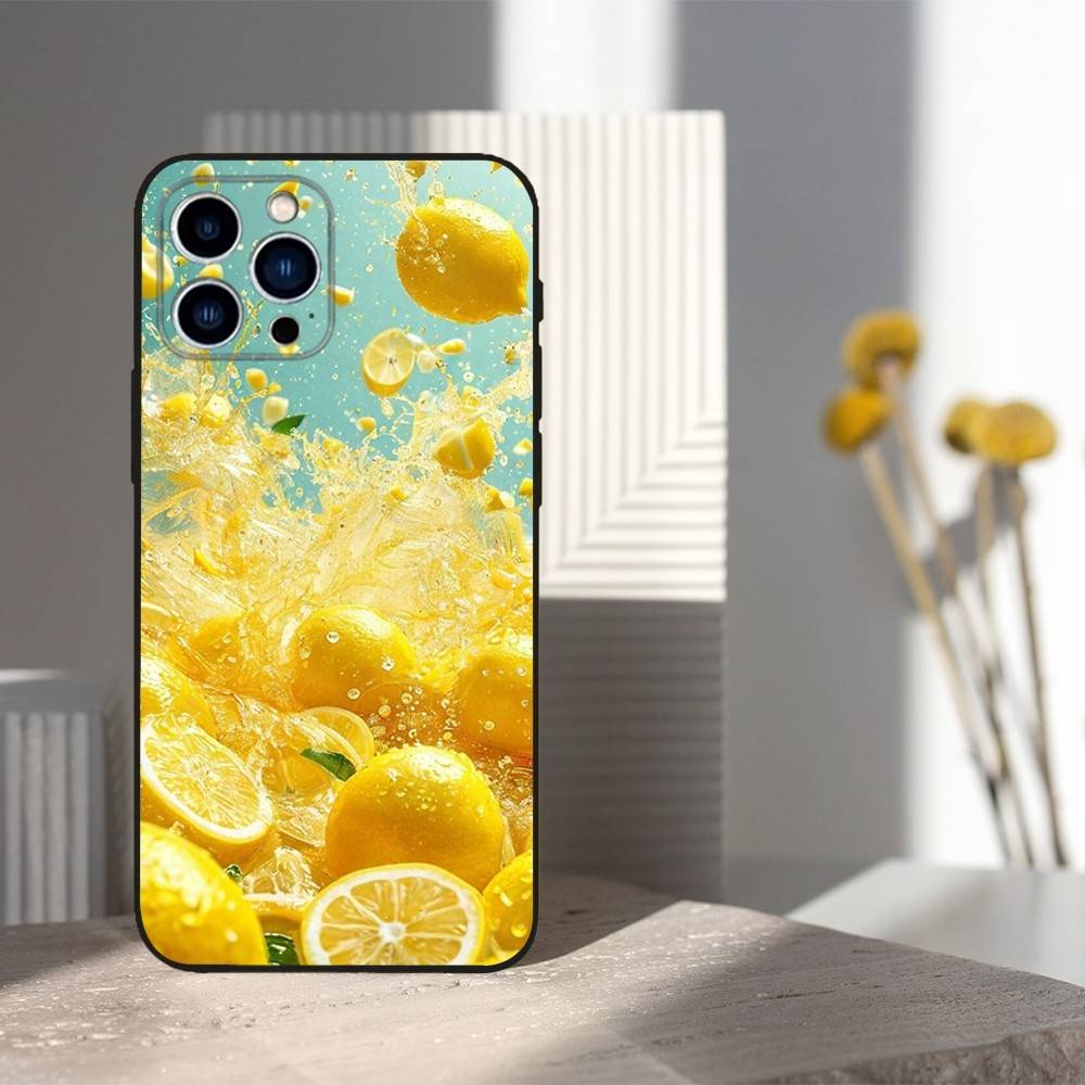 Fruit Art lemon Phone Case For iPhone 15,14,13,17,16,12,11,Plus,Pro Max,XS,X,Mini,8,7,XR,SE,Soft Silicone Black
