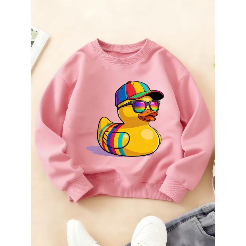 Children's Round Neck Sweatshirt, Fashionable Long Sleeve with Rainbow Fashion Glasses Little Yellow Duck Cool and Unique Cartoon Print