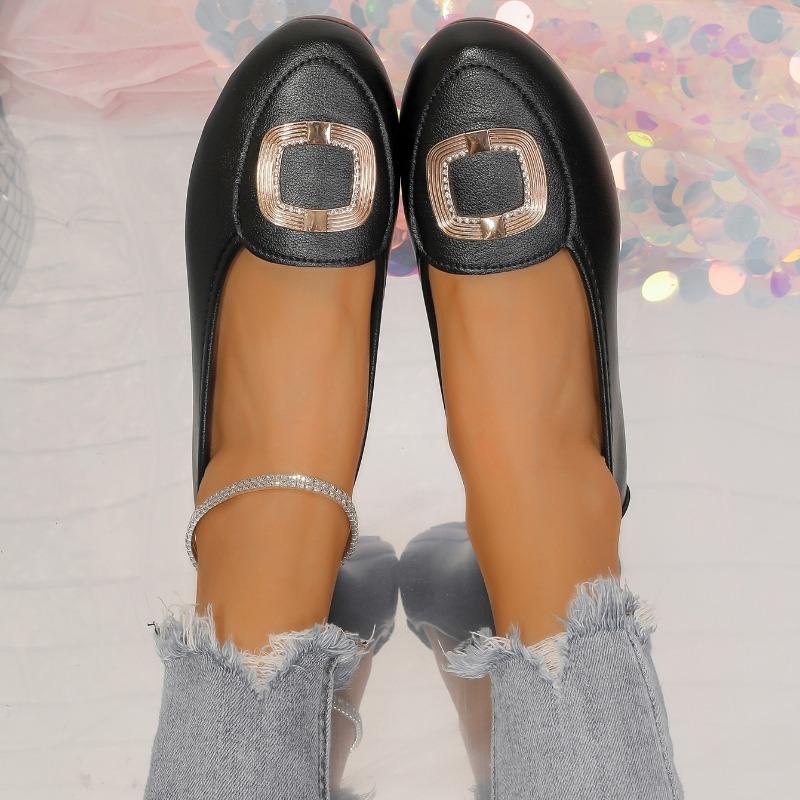 Fashion Autumn New Flat Shoes Women's Fashion Round Head Shallow Mouth Metal Buckle Soft Sole Anti-slip Wear-resistant Low-top Shoes