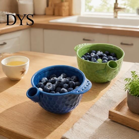 Grapes Washing Bowl Ceramic Berry with Drain Holes, Self Spinning Fruit Easy Clean Strainer Vegetable Washer, Swirling Rinsing Colander for