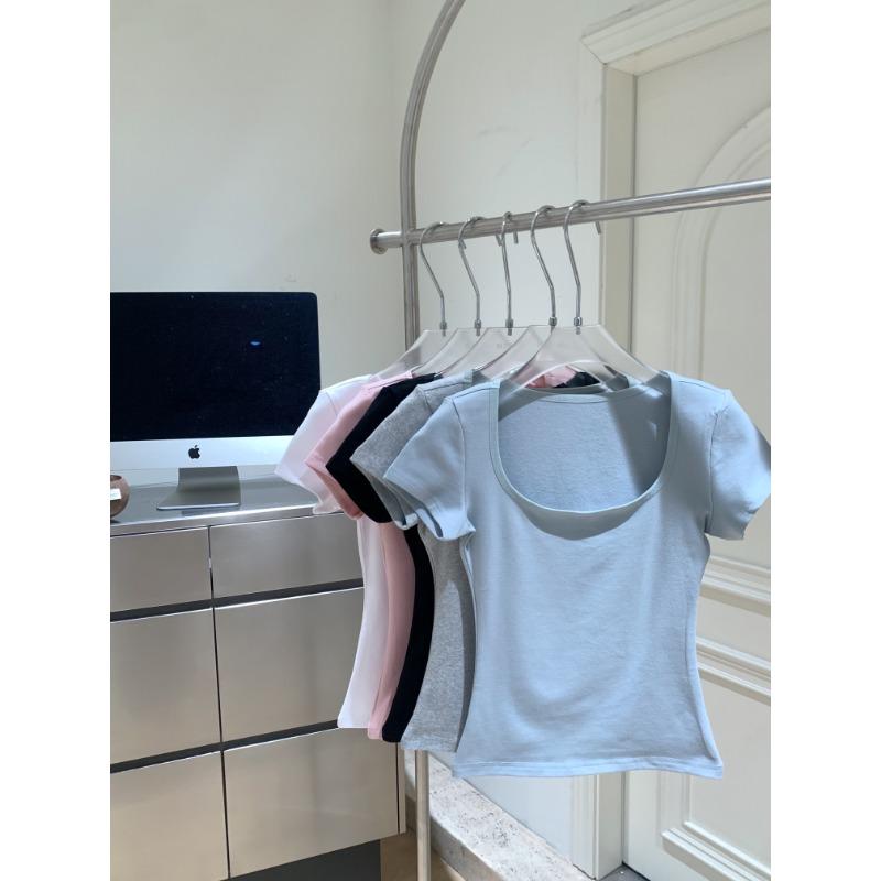 

Летний новый стиль U-образный вырез прямой плечо многоцветный облегающий все-сочетаемый модный облегающий футболка с коротким рукавом женская L синий