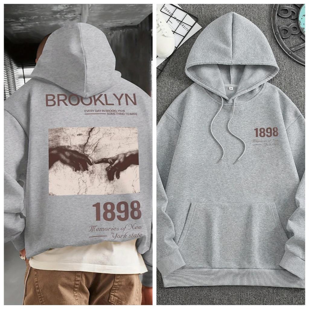 Men's and Women's Retro Brooklyn 1898 Pattern Printed Fashionable Retro Sweatshirt Casual Street Style Autumn and Winter