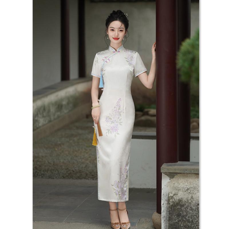 Chinese Style Imitation Acetic Acid Printing Cheongsam Summer New Retro Style Chinese Style Plain and Elegant Young Women Cheongsam Skirt