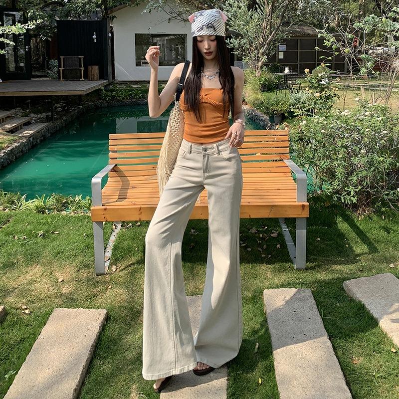 Old Money Latte Milk Tea Color Elastic Slightly Stretched Waist Not Sticking Legs Thin Flared Pants Jeans Women