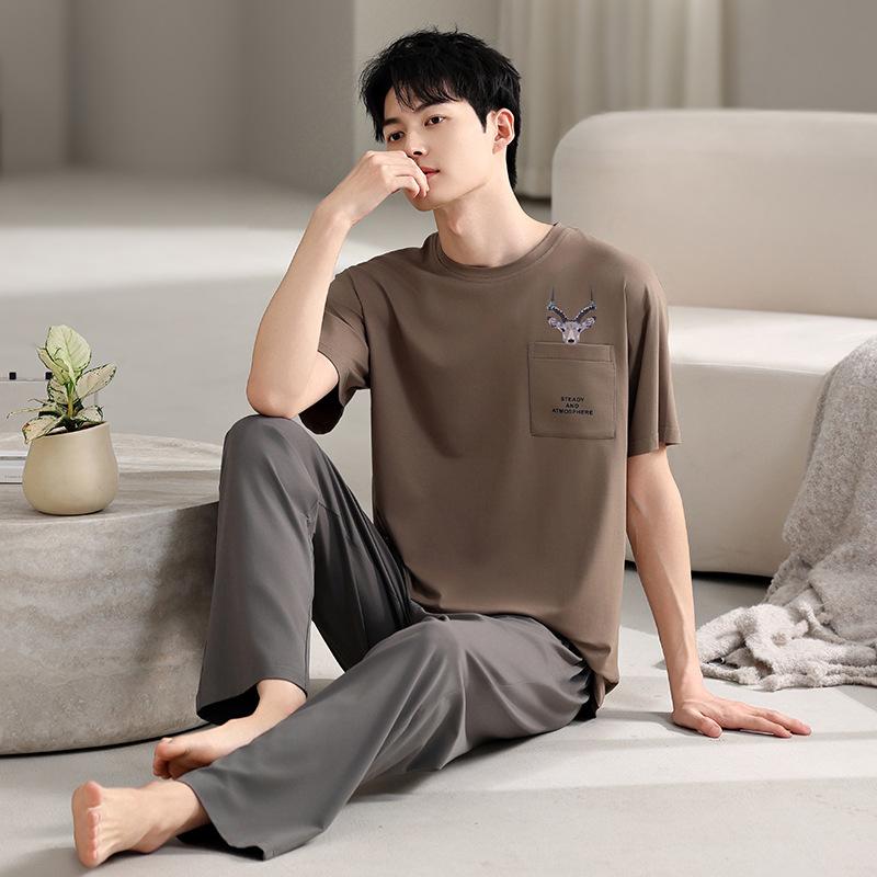 Men's pajamas summer cotton short-sleeved trousers 1011 new thin youth large-size loungewear suit