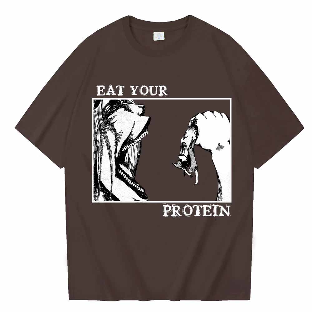 Attack On Titan TShirts Eat Your Protein Shirt Unisex Unisex Summer Casual ONeck Short Sleeve Shirts
