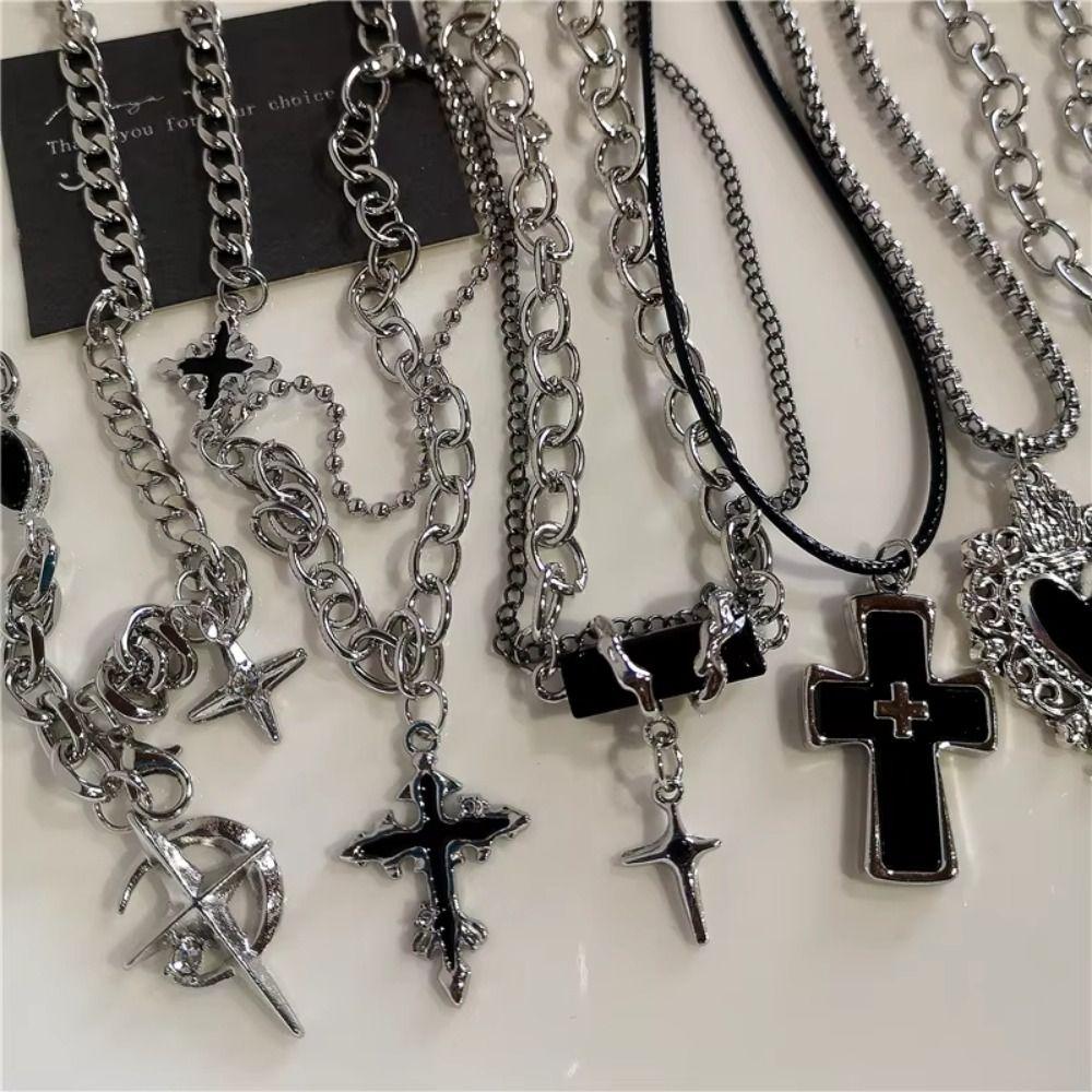 Street Vintage 90s Y2K Necklace Zinc Zinc Zinc Alloy Cross Pendant Halloween Punk Rock Necklace Men Women
