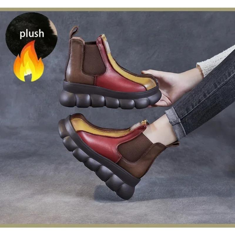 7cm Women Boots Genuine Leather Wedge Spring Mixed Color Chimney Fashion Ankle Elastic Platform Moccasins Autumn Shoes