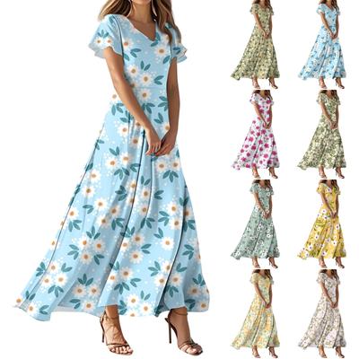 Damen Sommer Casual Fashion Print Farbe Kleider V-Ausschnitt Kurzarm Kleider