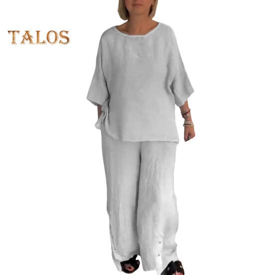 2 Pcs/Set Women Shirt Pants Set Solid Color O Neck Three Quarter Sleeve Top Wide Leg Elastic Waist Loose Pants Commute Clothes Blouse Trousers Set