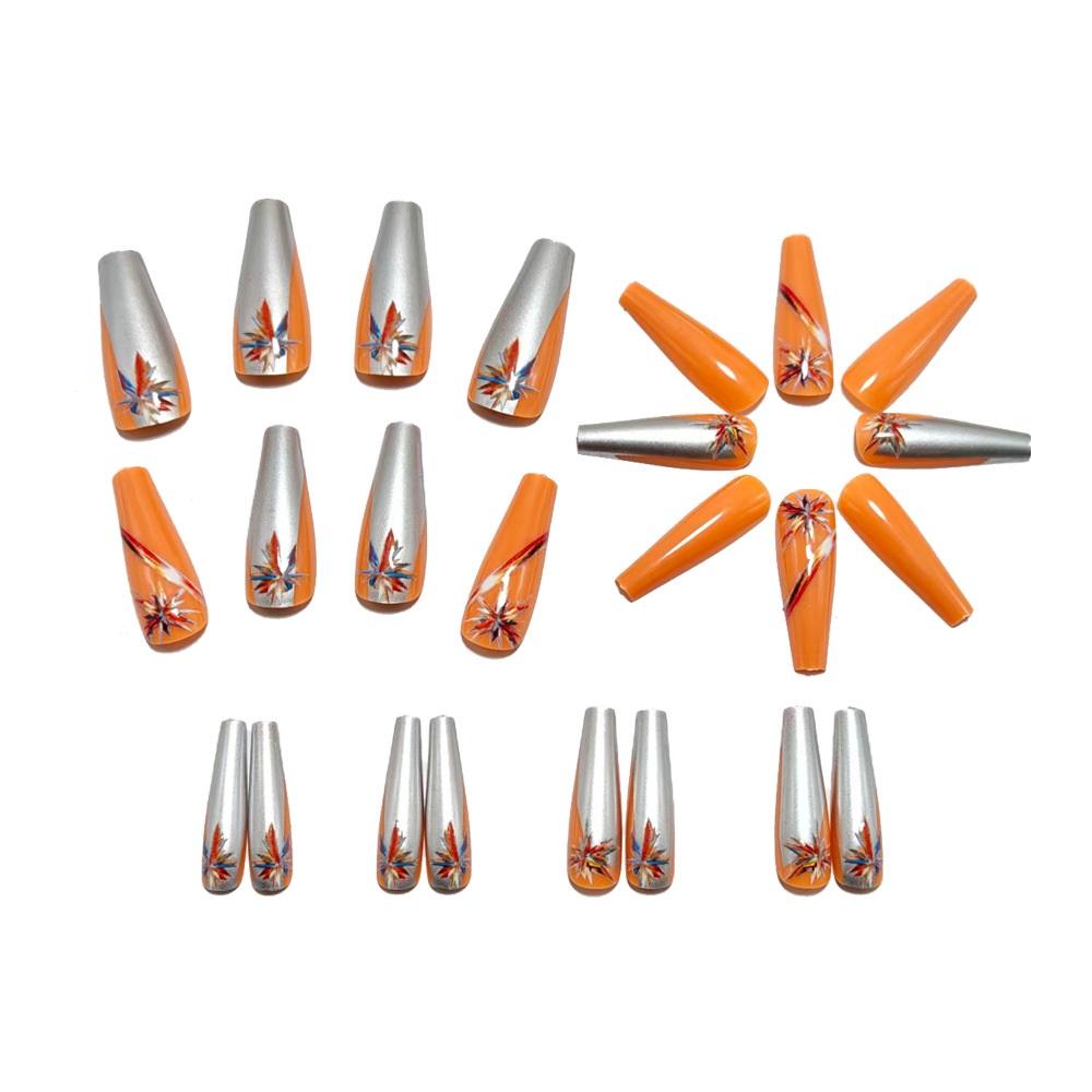 Orange And Silver Contrast Starburst Wearable Fake Nails Manicure Wearable Manicure Long Manicure Nails