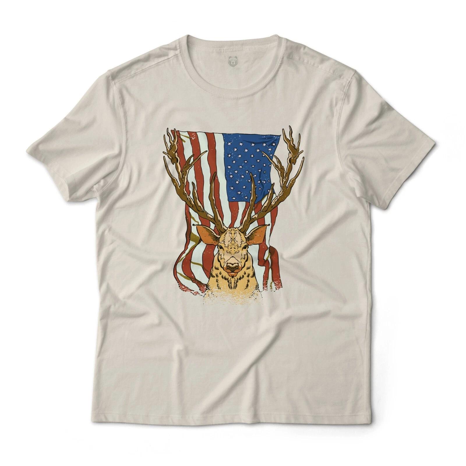 US Flag and Elk American Art Graphic T-T-Shirt Lightweight Cotton Tee M
