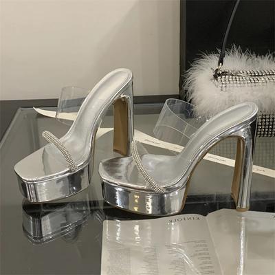 Fashion Eilyken Summer Design Style PVC Transparent Crystal Open Toe Slippers Women Chunky Platform Square Heels Shoes