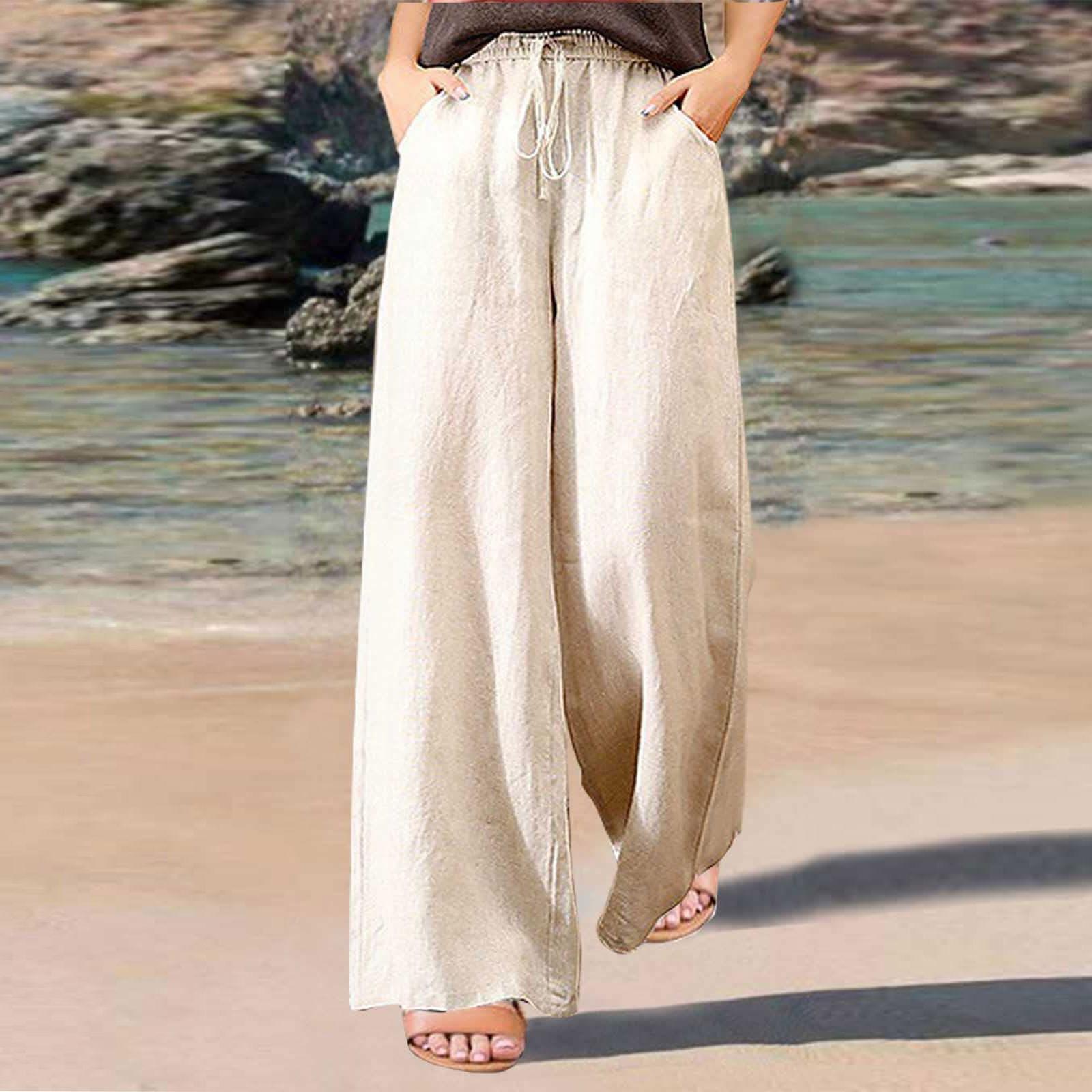 

Women s Color Cotton Linen High Waist Loose Casual Wide Leg Pants S хаки