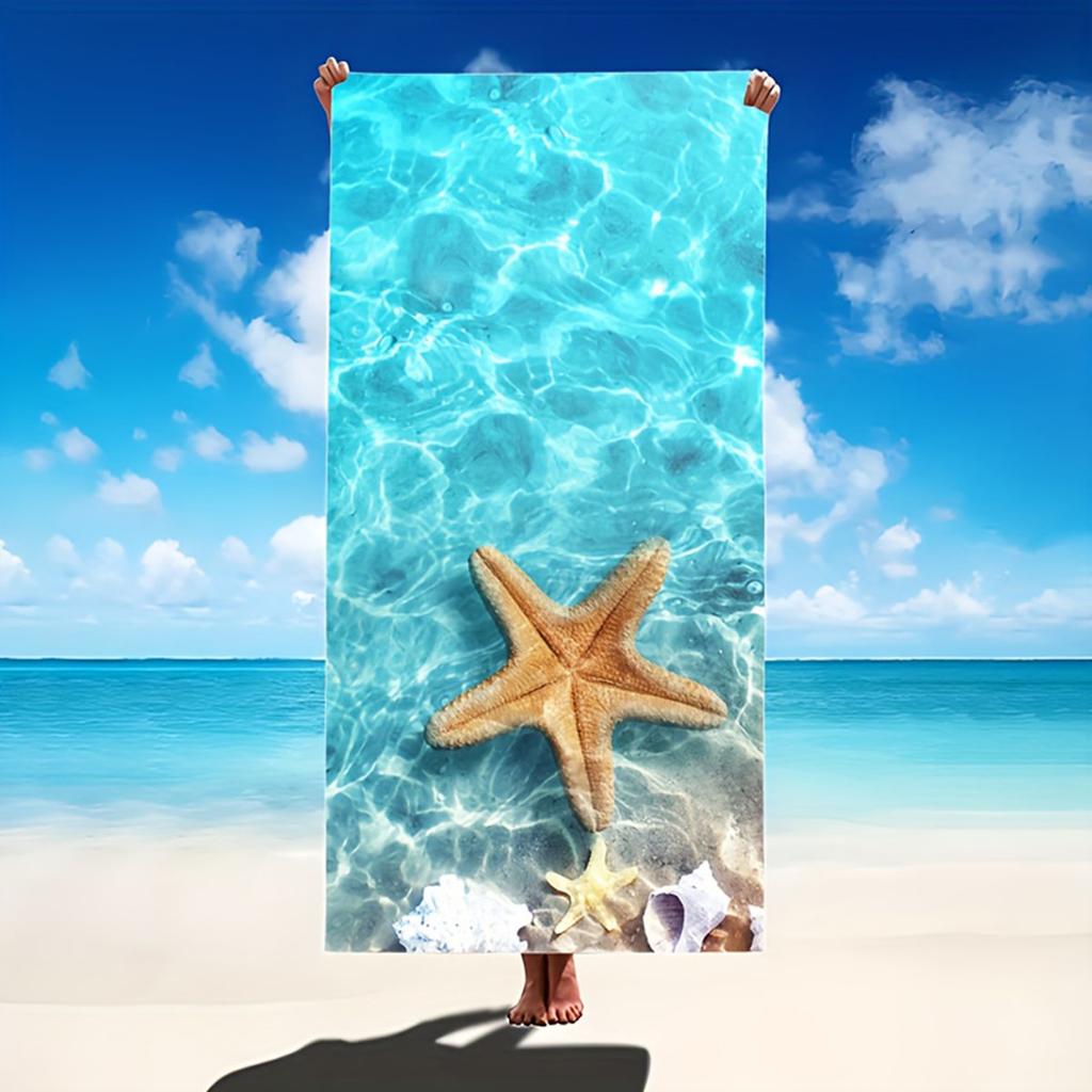 Blue Sea Starfish Beach Towel, Tropical Island Flat Print, Summer Vacation Travel Accessory, Coastal Home Living Room Decor