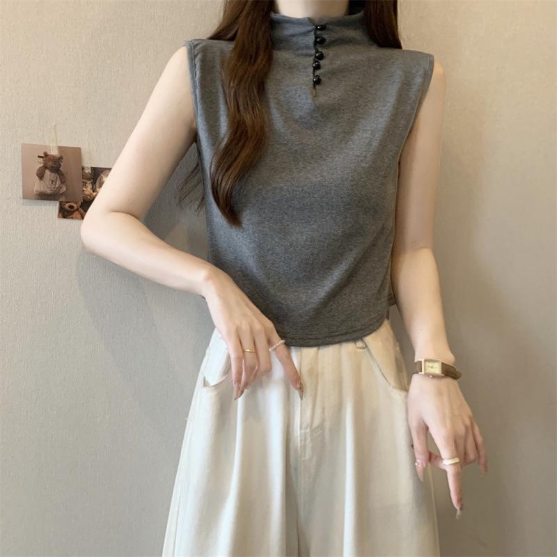 

Женская серая футболка без рукавов с высоким воротником, облегающего кроя, пуговицами и фирменным логотипом Extra Large