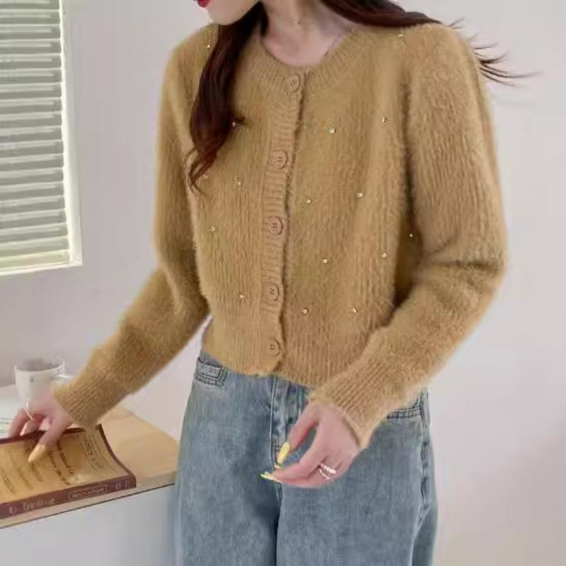 Heavy industry nails drill round neck long-sleeved sweater jacket women's autumn and winter new celebrity temperament high-end loose knitted cardigan