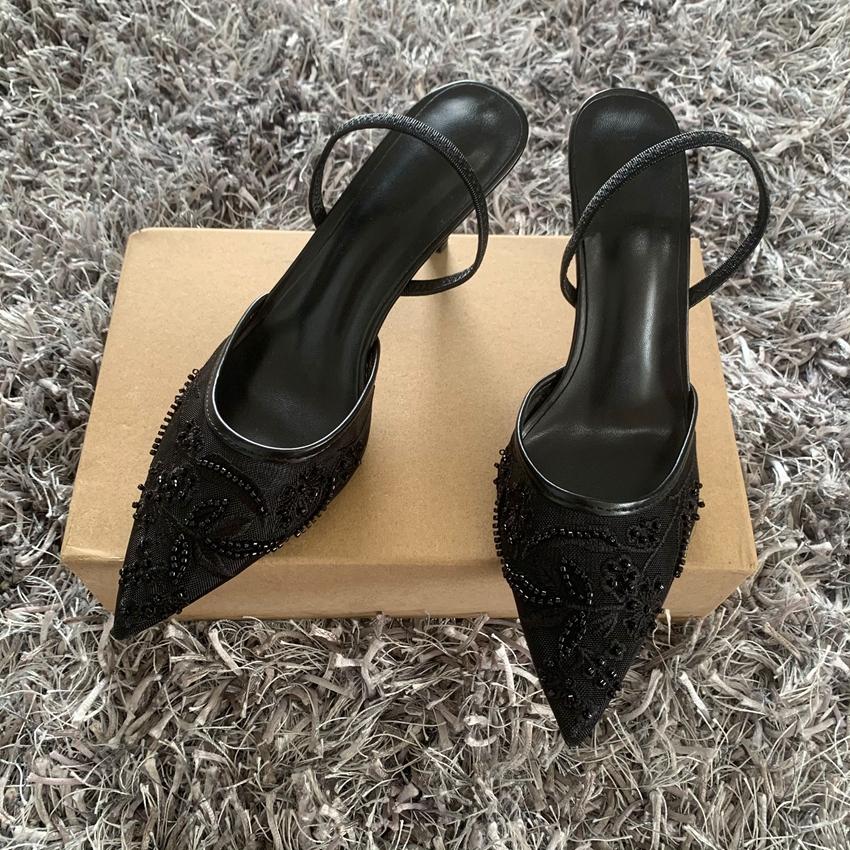 Black Embroidered Mesh Slingback High Heels Sandals for Women Shoes Woman Elegant Style Wedding Party Pumps