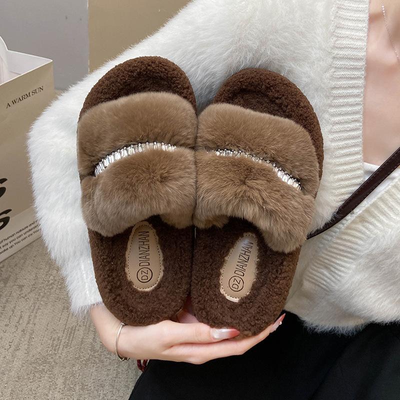 Rhinestone Lamb Wool Slippers Women's 2025 Autumn and Winter New Fashionable Versatile Muffin Thick Bottom Outer Wear One-word Cotton Mop
