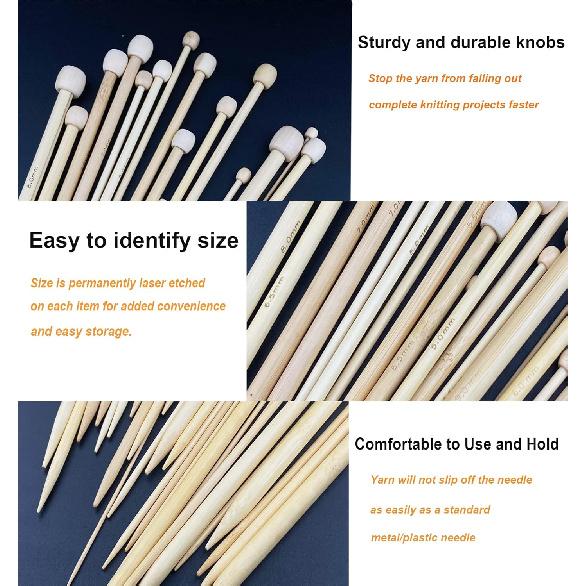 Mdoker 95pcs Knitting Needles Kit&Crochet Hooks Set 36 Straight Bamboo Knitting Needle 12 Small Size Lace Crochet Hook 5 Ergonomic Crochet Needles