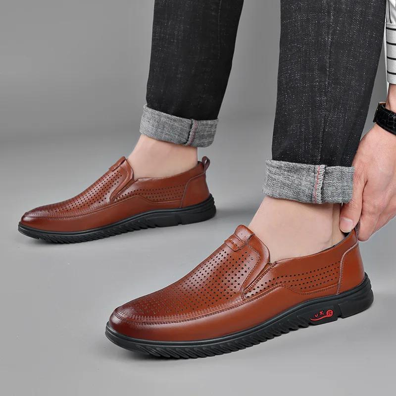 Pánské kožené boty, jaro, podzim, léto, hovězí kůže, perforované, pánské obchodní sandály, módní ležérní pánské mokasíny
