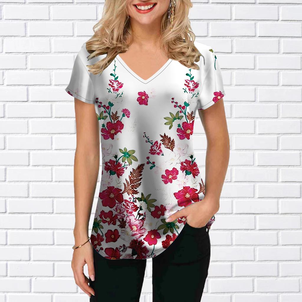 Women's V-Neck Short Sleeve Sunflower Pink Flower Sea Printed Tops Loose T-Shirt Casual Blouse