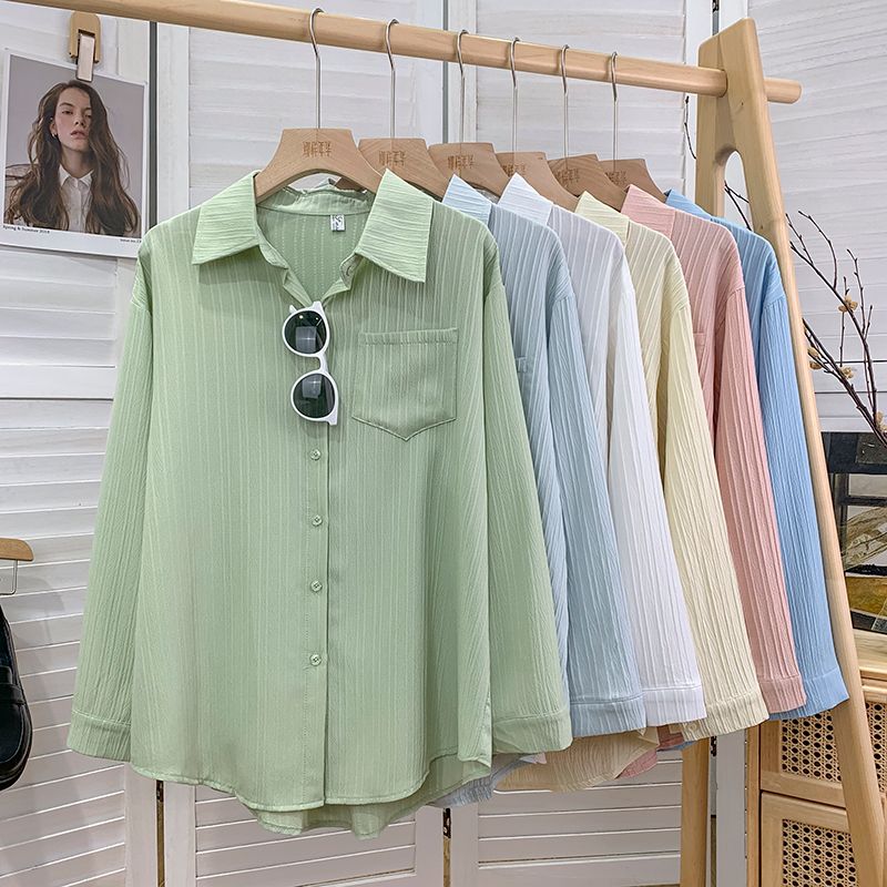 High-end Sense Unique Texture Pleated Loose Long-sleeved Shirt for Women Fresh Design Sense Top for Autumn