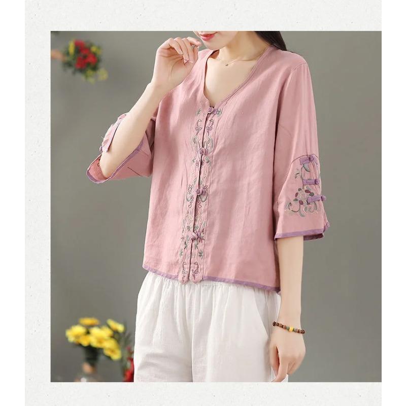Summer Women's Clothing Shirts Blouse Blusa Mujer Vintage Casual Camisas Women Blouses Linen V Neck Embroidery