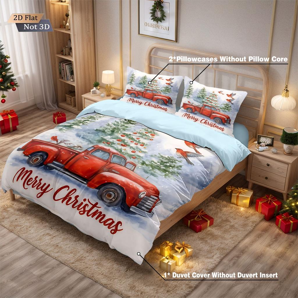 3pcs Merry Christmas red car print coreless duvet cover set multiple sizes bedrooms dormitories bedding holiday decorations