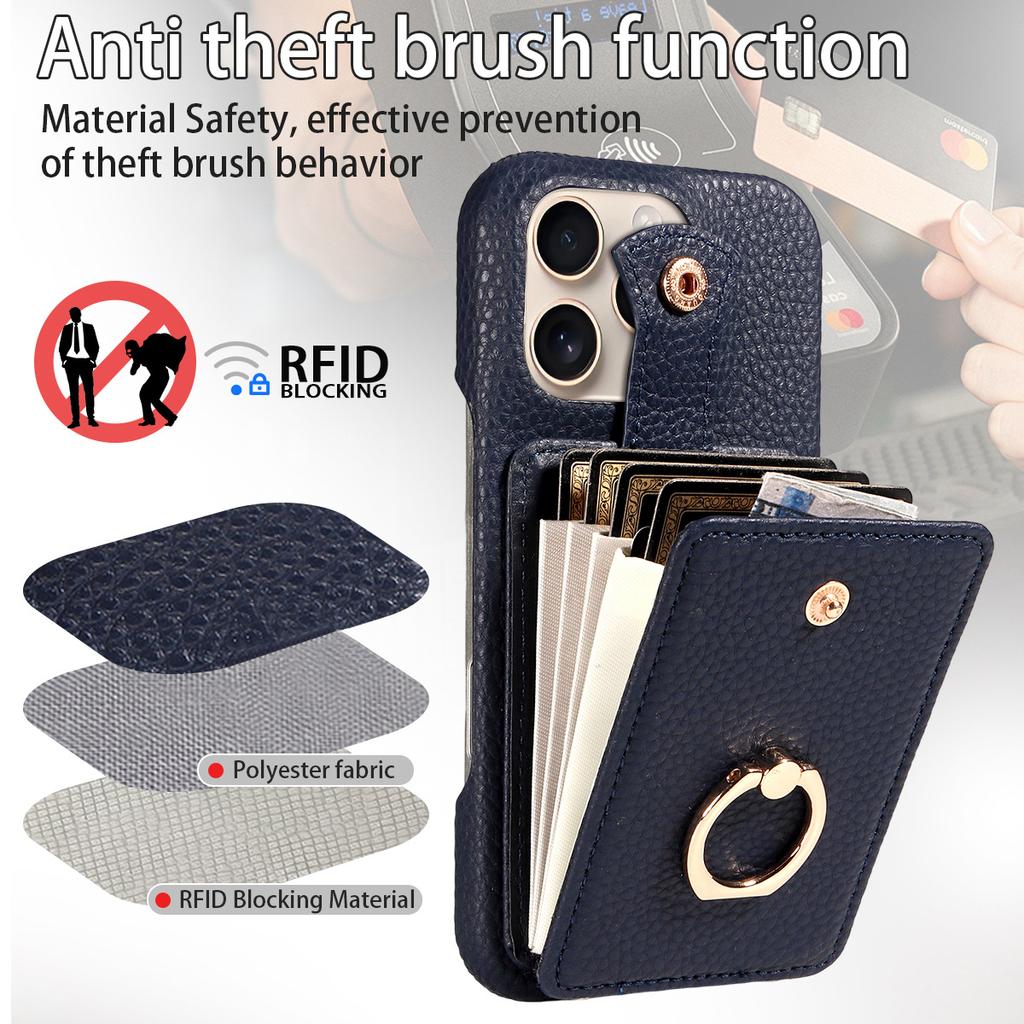 Litchi Texture PU Leather Wallet Case for iPhone 13 Pro Max, Accordion Card Holder with Ring Kickstand & Crossbody Strap, Shockproof Cover