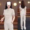 Chinese Casual Sports Suit for Women in Summer, Western-style National Style Buckle Top, Wide-leg Pants Two-piece Set
