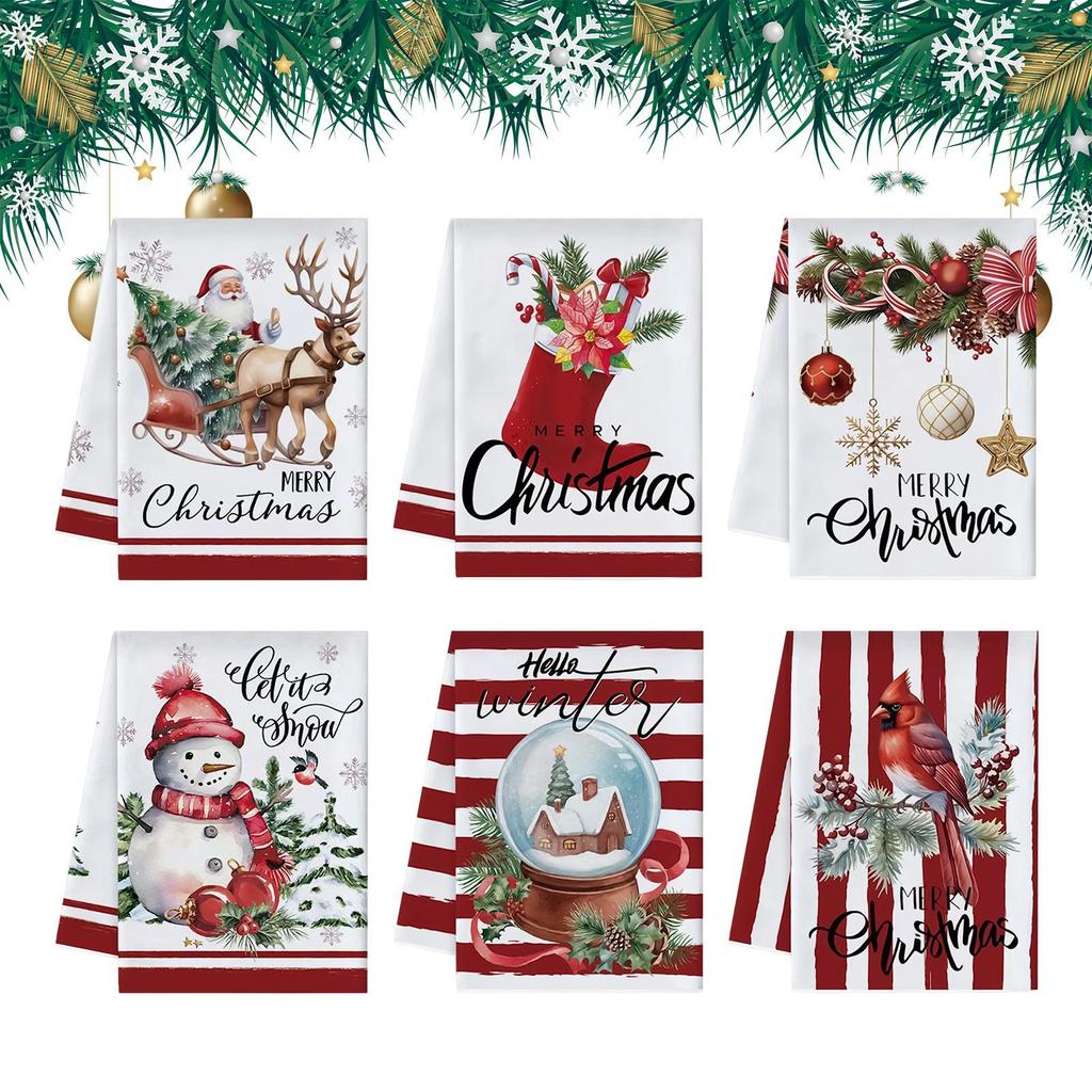 Christmas Towels 6-Piece Seasonal Home Decor Christmas Dish Towels Set Bathroom Rags For Home Farmhouse Desktop Wall Party