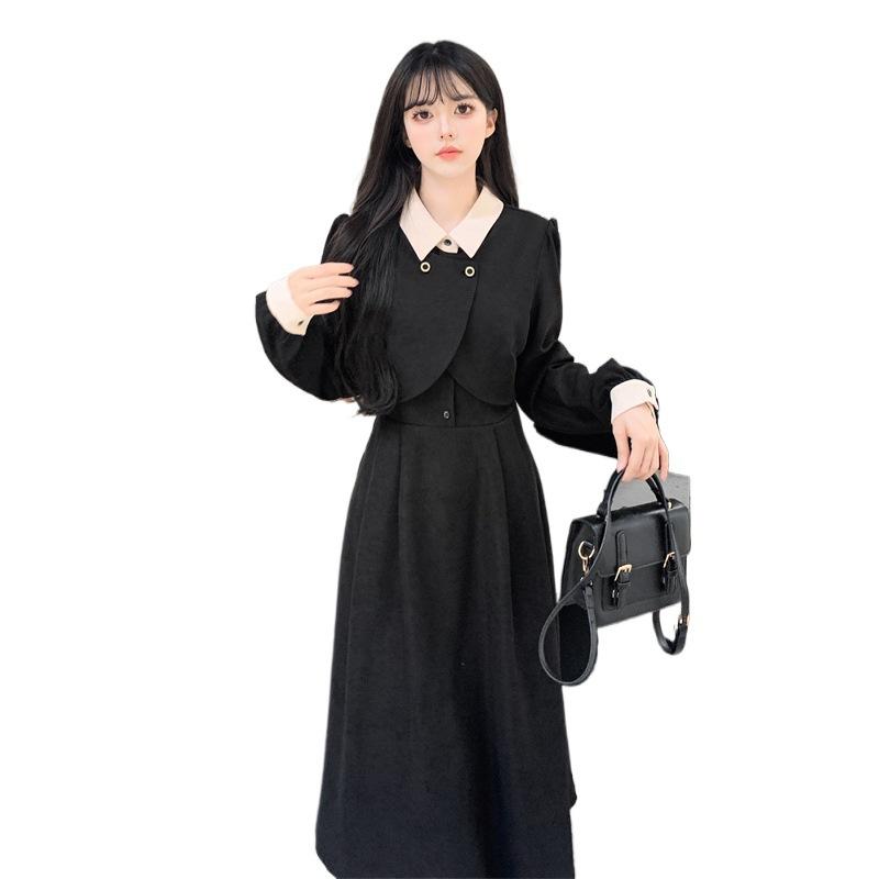 Romantic Niche Dress Large Size Fat Mm Retro Color Matching Polo Collar Fake Two-piece Dress Autumn and Winter Hepburn Style