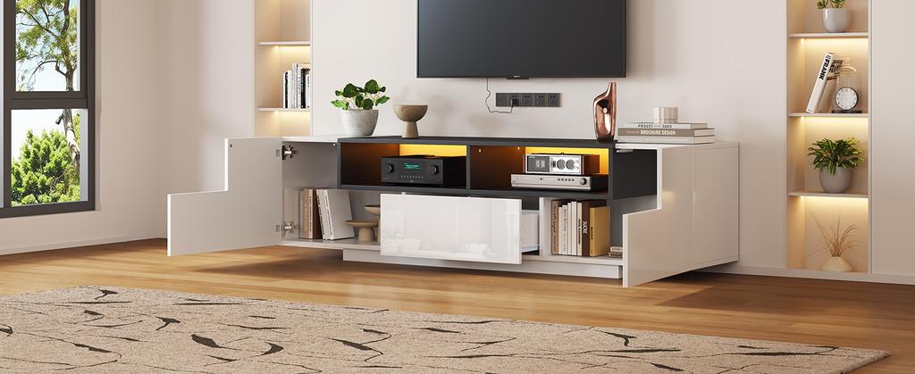 Freistehender TV-Schrank mit LED-Beleuchtung, L-Form und Schubladen, Hochglanz Weiß, Geeignet für 75-Zoll-Fernseher, Weiß+Schwarz, 180*40*48cm
