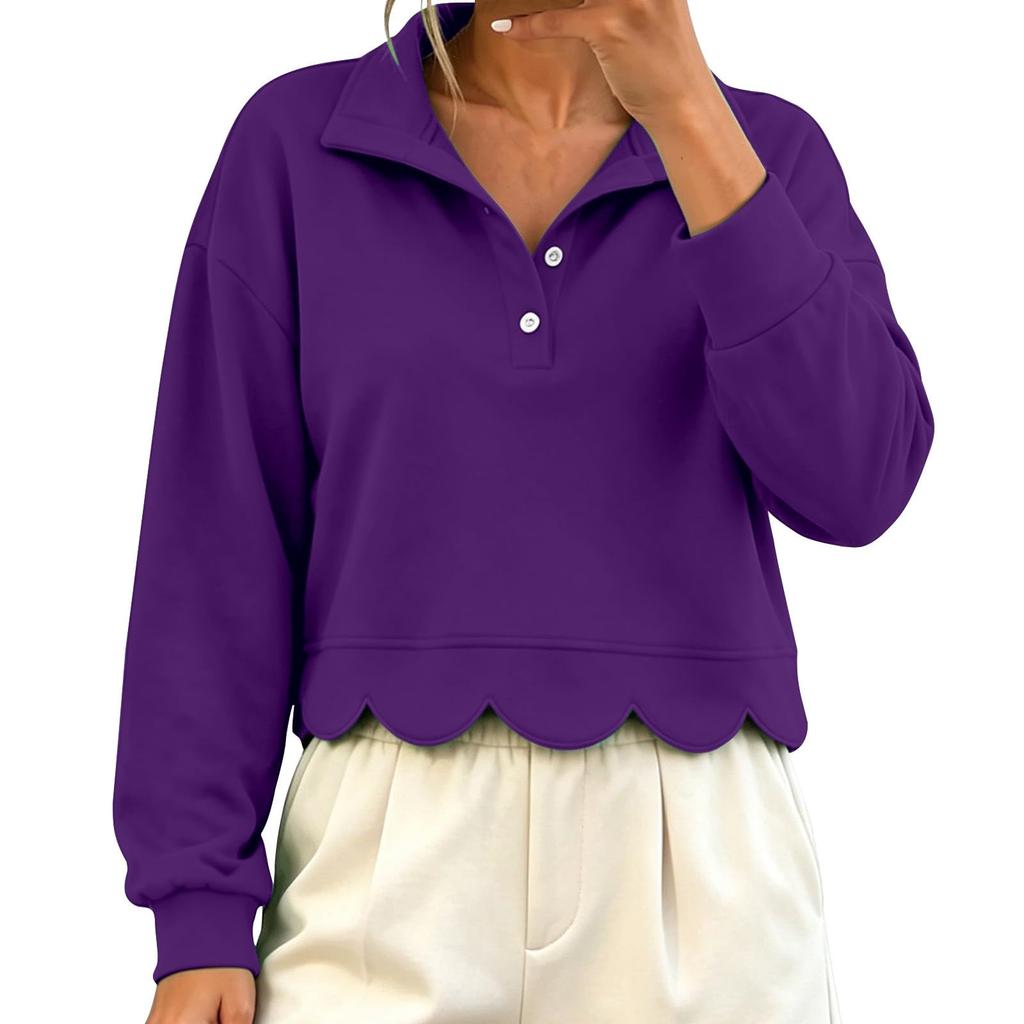 Women's Fashion Color Long Sleeve Collared Pullover Sweatshirt Casual Loose Fit Top