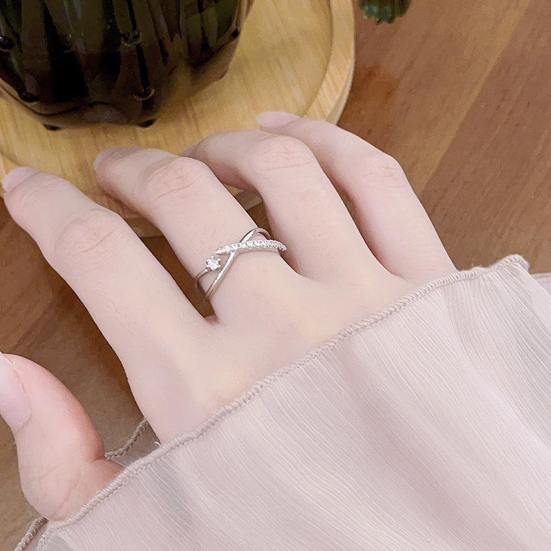 Geometric Full Diamond Zircon Eyes Lines Crossed Opening Ring Index Finger Fashion Personality Simple Niche Design Advanced Adjustable opening