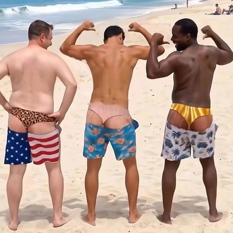 Men's Novel 3D Fake Hip Printed Swimming Pants with Fun Mischief Design Drawstring Summer Beach Surfboard Swimming Shorts