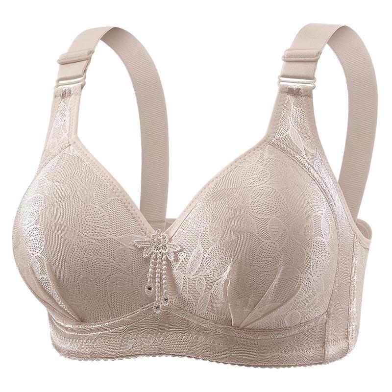 Large size gathering without steel rims, comfortable and breathable bra, lace fabric, four button thin mold cup, side folding underwear