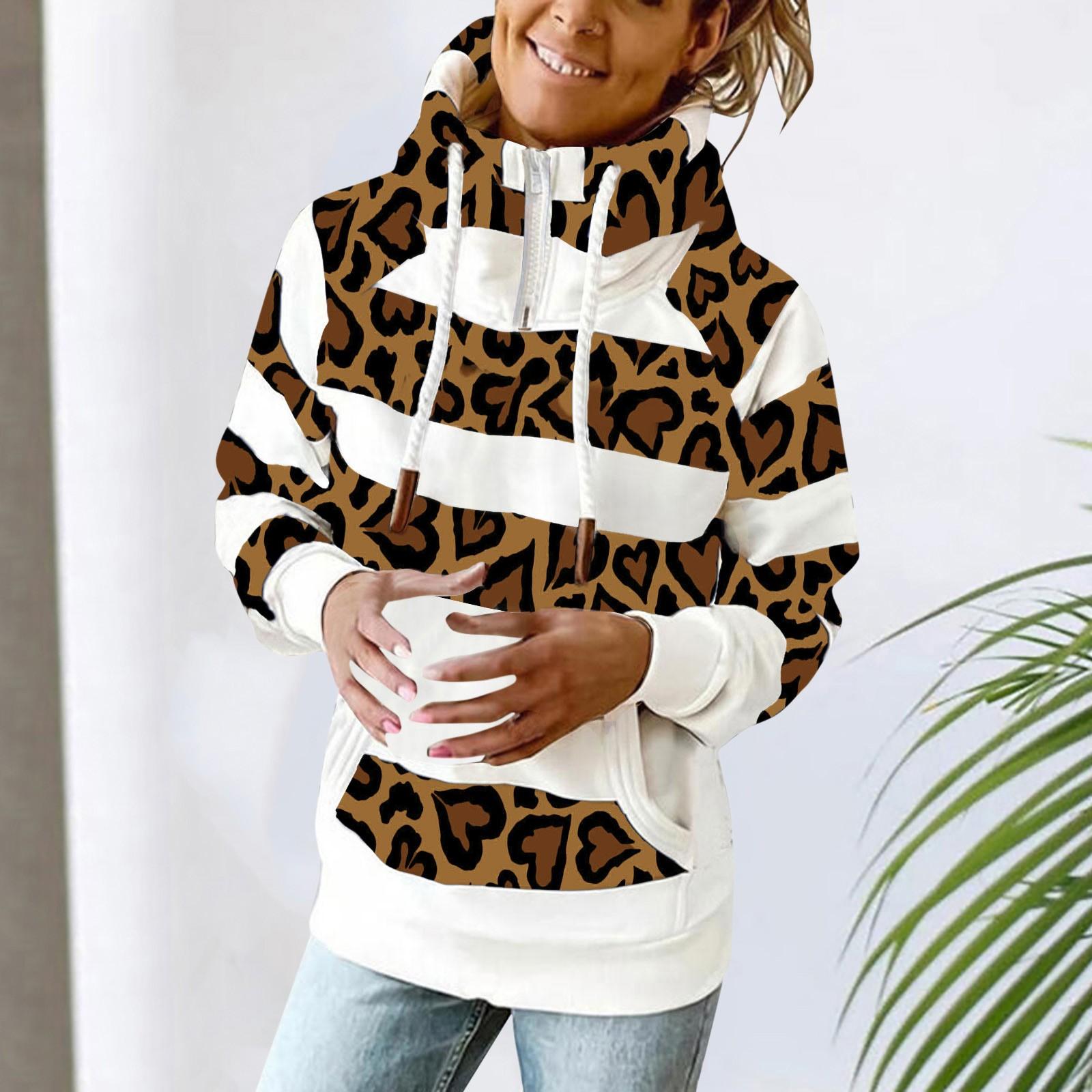 

Женский свитер с леопардовым принтом и капюшоном, красочная повседневная рубашка с длинным рукавом и принтом M коричневый