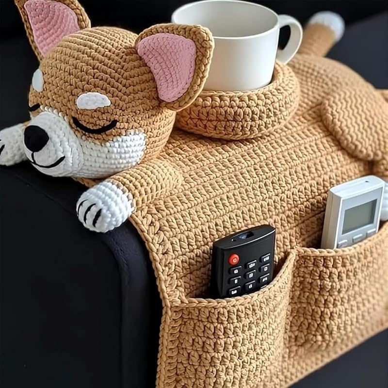 

Вязаный крючком органайзер на подлокотник дивана с кошкой, Вязаный крючком органайзер для дивана с собакой, 2 кармана и 1 подставка для кружки, Держатель для пульта дистанционного управления для дивана, для пульта, напитка, закусок, телефона Corgi