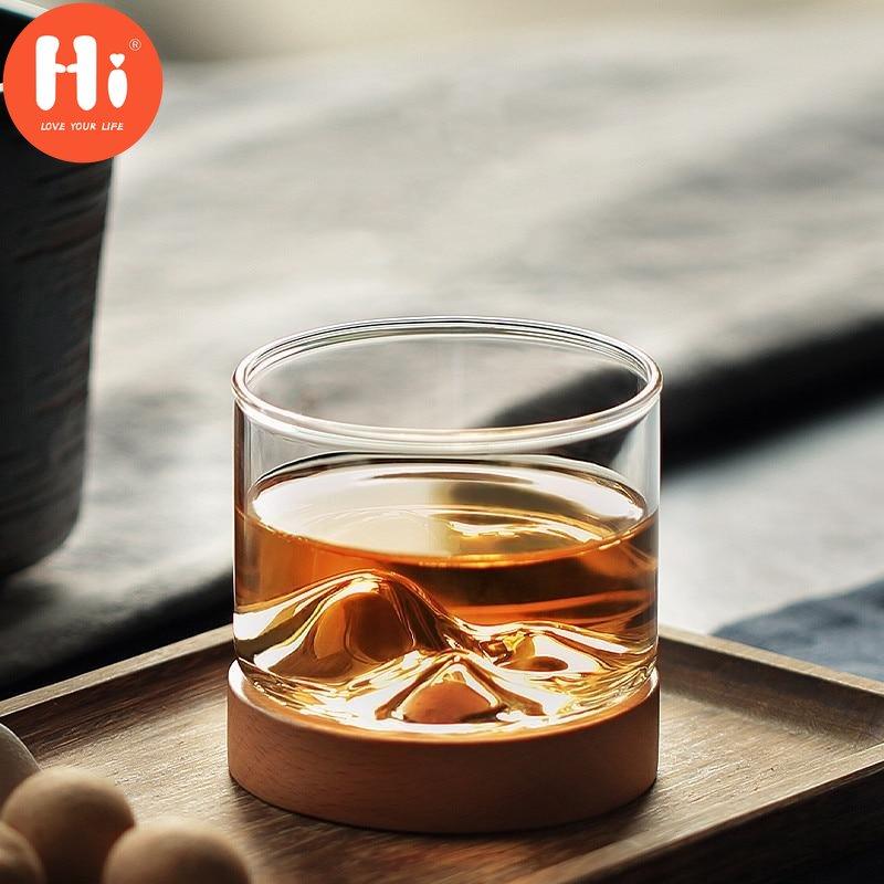 Hi 120ML Transparent Mountain Whiskey Glass with Wooden Base Heat Resistant Beer Glass Wine Water Tea Cup Set Bar Drinkware